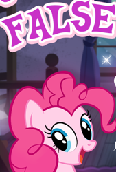 Size: 288x426 | Tagged: safe, gameloft, pinkie pie, earth pony, pony, g4, cropped, cute, diapinkes, english, false, female, looking at you, mare, meme, open mouth, open smile, reaction image, smiling, solo, text, wow! glimmer