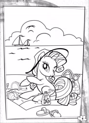 Size: 2550x3509 | Tagged: safe, rarity, pony, unicorn, g4, official, bag, beach, black and white, boat, bucket, cloud, coloring book, coloring page, conch shell, female, flip-flops, grayscale, hat, high res, mare, monochrome, ocean, outdoors, pinkie's pony palooza coloring book, sailboat, sandals, shovel, solo, stock vector, sunglasses, sunscreen, water