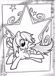 Size: 2550x3509 | Tagged: safe, rainbow dash, pegasus, pony, g4, official, black and white, coloring book, coloring page, female, flying, grayscale, high res, mare, monochrome, open mouth, open smile, pinkie's pony palooza coloring book, smiling, solo, spread wings, stock vector, wings