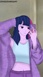 Size: 1080x1920 | Tagged: safe, artist:sh4deshad0w41, twilight sparkle, human, equestria girls, g4, belly, belly button, cellphone, clothes, denim, hair, humanized, jacket, jeans, mirror selfie, pants, phone, selfie, solo, tank top