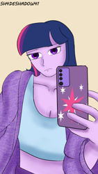 Size: 1080x1920 | Tagged: safe, artist:sh4deshad0w41, twilight sparkle, human, equestria girls, g4, belly, belly button, cellphone, clothes, denim, hair, humanized, jacket, jeans, mirror selfie, pants, phone, selfie, solo, tank top