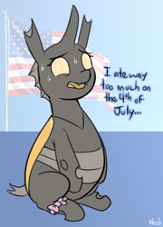 Size: 1764x2448 | Tagged: safe, artist:heretichesh, oc, oc only, oc:konica, changeling, 4th of july, american flag, belly, big belly, changeling feeding, changeling oc, changeling overfeeding, chunkling, holiday, solo, stuffed belly, sweat, yellow changeling