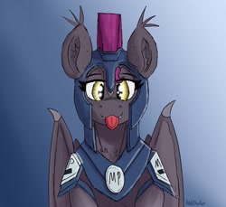 Size: 1807x1656 | Tagged: safe, artist:reddthebat, oc, oc only, oc:selena (reddthebat), bat pony, pony, :p, armor, bat pony oc, chest fluff, fangs, female, gradient background, guardsmare, helmet, looking at you, mare, military police, night guard, royal guard, smiling, smiling at you, solo, sternocleidomastoid, tongue out, wings