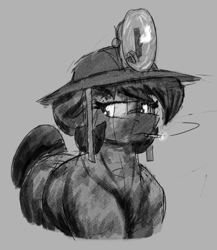 Size: 585x675 | Tagged: safe, artist:reddthebat, oc, oc only, oc:number nine, earth pony, pony, cigarette, coal, dirty, female, floppy ears, gray background, grayscale, headlamp, helmet, lidded eyes, mare, mining helmet, monochrome, simple background, smoking, solo, sternocleidomastoid