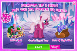 Size: 1953x1301 | Tagged: safe, gameloft, idw, pegasus, pony, g4, my little pony: magic princess, official, advertisement, bush, costs real money, dad joke, english, female, folded wings, granite blossom, idw showified, introduction card, magic coins, mare, mobile game, numbers, paint, paint can, pencil, pun, rock, sale, solo, text, wings