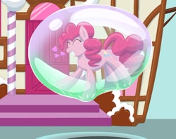 Size: 720x569 | Tagged: safe, artist:bladedragoon7575, pinkie pie, earth pony, pony, g4, bubble, cute, diapinkes, eyes closed, female, grin, in bubble, pinkie being pinkie, smiling, soap bubble, solo, sugarcube corner, trapped