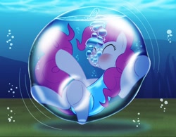 Size: 708x553 | Tagged: safe, artist:bladedragoon7575, pinkie pie, earth pony, pony, g4, bubble, bubble solution, clothes, cute, diapinkes, eyes closed, female, in bubble, one-piece swimsuit, pinkie being pinkie, pinkie pie trapped in a bubble, puffy cheeks, solo, swimsuit, underwater, water