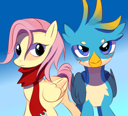 Size: 2341x2138 | Tagged: safe, derpibooru exclusive, fluttershy, gallus, griffon, pegasus, pony, g4, attack on titan, clothes, cosplay, costume, female, gradient background, high res, make, red scarf, scarf