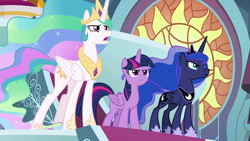 Size: 1280x720 | Tagged: safe, screencap, princess celestia, princess luna, twilight sparkle, alicorn, pony, g4, season 9, the ending of the end, crown, female, folded wings, frown, hoof shoes, horn, jewelry, mare, open mouth, peytral, regalia, royal sisters, s09, serious, serious face, siblings, sisters, standing, trio, trio female, twilight sparkle (alicorn), wings, wings down