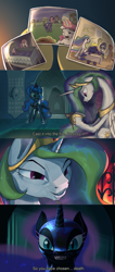 Size: 1944x4597 | Tagged: safe, artist:ciborgen, nightmare moon, princess celestia, princess luna, star swirl the bearded, alicorn, pony, unicorn, g4, duo, duo female, female, high res, jewelry, long neck, lord of the rings, mare, meme, photo, reference, regalia, royal sisters, siblings, sisters, trollestia