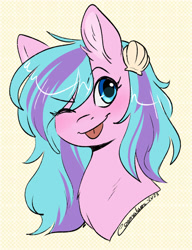 Size: 768x1000 | Tagged: safe, artist:cosmalumi, oc, oc only, oc:swirly shells, pony, bust, one eye closed, seashell, signature, solo, tongue out, wink