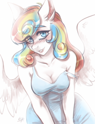 Size: 1200x1560 | Tagged: safe, artist:serodart, oc, oc only, oc:gabrizzy, pegasus, anthro, breasts, cleavage, clothes, dress, female, looking at you, off shoulder, simple background, sketch, solo, white background, wings
