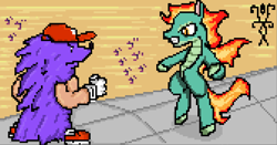 Size: 1344x706 | Tagged: safe, artist:damset, tianhuo (tfh), dragon, hybrid, longma, them's fightin' herds, community related, crossover, female, fiery wings, fire, jojo reference, jojo's bizarre adventure, male, mane of fire, ms paint, pixel art, pizza tower, snick, tail, tail of fire, wings