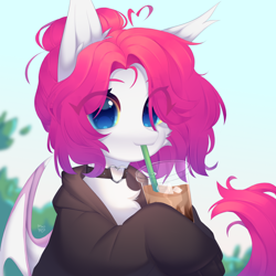Size: 3000x3000 | Tagged: safe, artist:monphys, oc, bat pony, pegasus, pony, choker, clothes, coffee, drink, fluffy, high res, hoodie, solo, starbucks