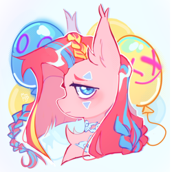 Size: 2760x2756 | Tagged: safe, artist:monphys, pinkie pie, earth pony, pony, g4, arcane, balloon, braid, clown, crossover, high res, jinx (league of legends), league of legends, pinkamena diane pie, sad, solo, stripes, tattoo