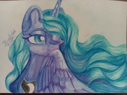 Size: 4080x3072 | Tagged: safe, artist:jsunlight, princess luna, alicorn, pony, g4, one eye closed, solo, traditional art