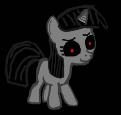 Size: 1324x1260 | Tagged: safe, artist:pipandwolf, oc, oc only, pony, unicorn, black background, black sclera, blank flank, creepy, foal, genderless, not apple bloom, red eyes, simple background, smiling, solo