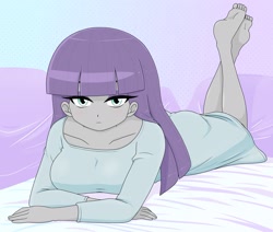 Size: 2048x1739 | Tagged: safe, alternate version, artist:batipin, maud pie, human, equestria girls, g4, barefoot, bed, big breasts, breasts, busty maud pie, eyeshadow, feet, female, looking at you, lying down, makeup, prone, solo, the pose