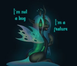 Size: 1623x1397 | Tagged: safe, artist:escapist, queen chrysalis, changeling, changeling queen, g4, boasting, bugbutt, butt, chrysalass, cute, cutealis, dark background, eyes closed, featured image, female, gradient background, iridescence, mare, monologue, open mouth, plot, pointing at self, programmer humor, programming, pun, sharp teeth, sitting, solo, spread wings, talking, technically true, teeth, text, wings