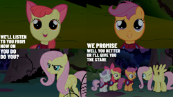 Size: 2000x1125 | Tagged: safe, edit, edited screencap, editor:quoterific, screencap, apple bloom, fluttershy, scootaloo, sweetie belle, earth pony, pegasus, pony, unicorn, g4, stare master, bow, cutie mark crusaders, everfree forest, female, filly, foal, hair bow, mare