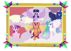 Size: 1280x922 | Tagged: safe, artist:hate-love12, princess cadance, princess celestia, princess flurry heart, princess luna, sunny starscout, twilight sparkle, alicorn, pony, g4, g5, alicorn tetrarchy, artificial alicorn, artificial horn, artificial wings, augmented, cloud, deviantart watermark, female, filly, foal, g5 to g4, generation leap, mare, obtrusive watermark, race swap, simple background, sunnycorn, transparent background, twilight sparkle (alicorn), watermark, wings