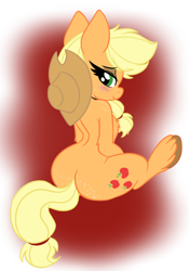 Size: 1668x2388 | Tagged: safe, artist:steelsoul, applejack, earth pony, pony, semi-anthro, g4, applebutt, blushing, butt, butt focus, butt freckles, chest fluff, female, freckles, looking at you, looking back, looking back at you, mare, plot, shoulder freckles, sitting, solo, unshorn fetlocks