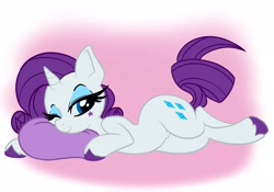 Size: 2388x1668 | Tagged: safe, artist:steelsoul, rarity, pony, unicorn, g4, colored hooves, crossed legs, eyebrows, female, looking at you, lying down, mare, on side, one eye closed, pillow, pubic mound, raised eyebrow, raised eyebrows, simple background, smiling, smiling at you, solo, star mark, stars, unshorn fetlocks