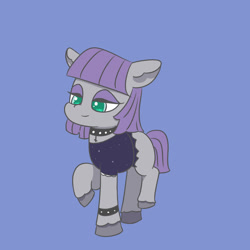 Size: 1280x1280 | Tagged: safe, artist:limitmj, maud pie, earth pony, pony, g4, blue background, bracelet, choker, clothes, cross, dress, female, goth, inverted cross, jewelry, mare, raised hoof, simple background, solo
