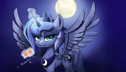 Size: 2000x1150 | Tagged: safe, artist:行豹cheetahspeed, princess luna, alicorn, pony, g4, cake, concave belly, dialogue, female, food, full moon, glowing, glowing horn, horn, levitation, looking at you, magic, magic aura, mare, moon, mooncake, neck fluff, slender, solo, spread wings, sternocleidomastoid, telekinesis, thin, wings