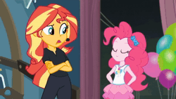 Size: 1280x720 | Tagged: safe, screencap, pinkie pie, sunset shimmer, human, all the world's off stage, all the world's off stage: pinkie pie, equestria girls, g4, my little pony equestria girls: better together, animated, balloon, best friends, black pants, black shirt, bow, clothes, confused, crossed arms, cute, director shimmer, duo, duo female, earpiece, eyes closed, female, geode of sugar bombs, hair bow, hairband, hand on hip, hands behind back, jewelry, magical geodes, necklace, nope, rah rah skirt, skirt, smiling, sound, talking, tank top, webm