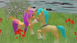 Size: 1920x1080 | Tagged: safe, artist:thisguy, hitch trailblazer, sunny starscout, alicorn, earth pony, pony, g5, 3d, alicornified, blender, blender eevee, boop, duo, duo male and female, female, flower, grass, grass field, happy, male, mane stripe sunny, mare, noseboop, race swap, sheriff's badge, ship:starblazer, shipping, stallion, straight, sunnycorn, water
