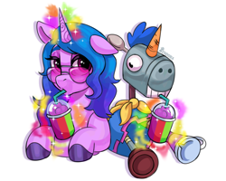 Size: 2500x2000 | Tagged: safe, artist:zendora, izzy moonbow, señor butterscotch, pony, unicorn, g5, ball, drink, duo, female, high res, izzy's tennis ball, magic, mare, rainbow, simple background, smoothie, sunglasses, telekinesis, tennis ball, white background