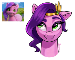 Size: 2500x2000 | Tagged: safe, artist:zendora, screencap, pipp petals, pegasus, pony, g5, my little pony: a new generation, spoiler:my little pony: a new generation, adorapipp, bust, cute, female, high res, mare, pippsqueaks, portrait, princess, screencap reference, signature, simple background, smiling, solo, white background