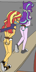 Size: 1084x2109 | Tagged: safe, artist:bugssonicx, starlight glimmer, sunset shimmer, human, equestria girls, g4, bikini, bondage, bound and gagged, cloth gag, clothes, converse, damsel in distress, duo, duo female, female, gag, gangplank, humanized, kidnapped, rope, rope bondage, ship, shoes, stuffed gag, swimsuit, tied up