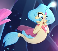 Size: 525x464 | Tagged: safe, screencap, princess skystar, seapony (g4), g4, my little pony: the movie, blue eyes, blue mane, blue tail, bubble, cute, dorsal fin, female, fin, fin wings, fins, fish tail, flower, flower in hair, flowing mane, flowing tail, ocean, open mouth, open smile, seaquestria, smiling, solo, tail, teeth, underwater, water, wings
