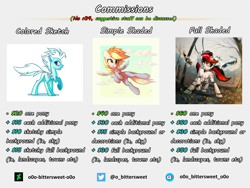 Size: 6000x4500 | Tagged: safe, artist:o0o-bittersweet-o0o, derpy hooves, fleetfoot, oc, oc:blackjack, pegasus, pony, unicorn, fallout equestria, fallout equestria: project horizons, g4, advertisement, alcohol, cloud, commission, commission info, commission open, drink, fanfic art, floppy ears, flying, gun, lineart, looking at you, looking back, open mouth, simple background, sketch, sky, smiling, standing, text, tree, wasteland, weapon