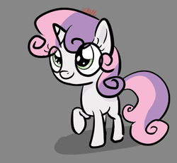 Size: 3250x3000 | Tagged: safe, artist:kruvvv, sweetie belle, pony, unicorn, g4, cute, diasweetes, female, filly, foal, gray background, happy, high res, horn, looking up, raised hoof, simple background, smiling, smirk, solo, standing
