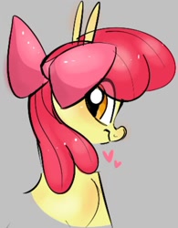 Size: 958x1229 | Tagged: safe, artist:mushy, apple bloom, earth pony, pony, g4, aside glance, bust, female, filly, foal, gray background, heart, looking at you, portrait, simple background, smiling, solo