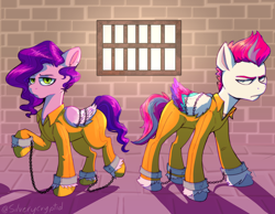 Size: 4000x3100 | Tagged: safe, artist:silverycryptid, pipp petals, zipp storm, pegasus, pony, g5, bound wings, chained, chains, clothes, duo, female, jail cell, jumpsuit, mare, never doubt rainbowdash69's involvement, prison outfit, prisoner pipp, prisoner zipp, royal sisters (g5), shackles, shirt, siblings, sisters, undershirt, wings
