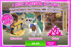 Size: 1960x1298 | Tagged: safe, gameloft, professor fossil, earth pony, pony, g4, my little pony: magic princess, official, advertisement, bandana, clothes, costs real money, english, female, gem, glasses, hypocrisy, introduction card, irony, mare, mobile game, numbers, sale, shirt, solo, text