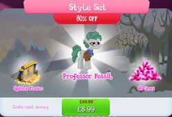 Size: 1269x864 | Tagged: safe, gameloft, professor fossil, earth pony, pony, g4, my little pony: magic princess, official, bandana, bundle, clothes, costs real money, english, female, gem, glasses, mare, mobile game, numbers, sale, shirt, solo, style set, text