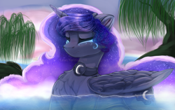 Size: 2381x1500 | Tagged: safe, artist:taiweiart, princess luna, alicorn, pony, g4, chest fluff, concave belly, eyes closed, female, mare, partially submerged, solo, tree, water, wings