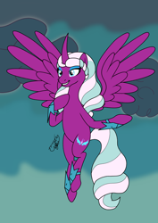 Size: 4960x7015 | Tagged: safe, artist:gabriel18017, opaline arcana, alicorn, pony, g4, g5, belly, female, flying, g5 to g4, generation leap, long hair, long tail, mare, round belly, simple background, smiling, solo, tail