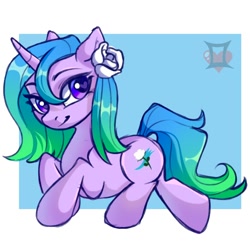 Size: 2000x2000 | Tagged: safe, artist:lemondoods, oc, oc:fiona mahri, pony, unicorn, 2d, flower, flower in hair, gradient mane, gradient tail, heart, high res, horn, looking left, lying down, rose, simple background, tail, unicorn oc