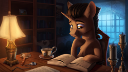 Size: 4142x2330 | Tagged: safe, artist:helmie-art, oc, oc only, pony, unicorn, book, bookshelf, candle, chair, commission, cup, dust motes, horn, lamp, magnifying glass, male, picture frame, sitting, solo, stallion, teacup, unicorn oc, window