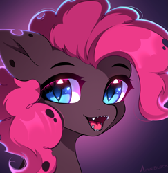 Size: 1497x1541 | Tagged: safe, artist:airiniblock, pinkie pie, changeling, rcf community, g4, bust, changelingified, digital art, eye clipping through hair, fangs, female, gradient background, icon, looking at you, mare, open mouth, open smile, purple background, purple changeling, purple mane, smiling, solo, species swap