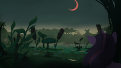 Size: 1920x1080 | Tagged: safe, artist:hierozaki, twilight sparkle, ambiguous race, pony, g4, crescent moon, female, house, looking away, mare, moon, scenery, solo, swamp