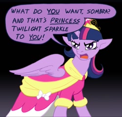 Size: 533x510 | Tagged: safe, artist:omny87, twilight sparkle, alicorn, pony, g4, a somber meeting, big crown thingy, clothes, coronation dress, cropped, dark, dress, ears back, element of magic, gradient background, implied king sombra, jewelry, regalia, solo, twilight sparkle (alicorn), twilight sparkle is not amused, unamused