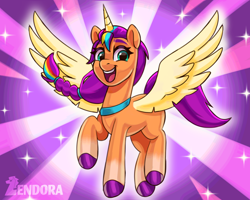 Size: 2500x2000 | Tagged: safe, artist:zendora, sunny starscout, alicorn, pony, g5, alicornified, artificial horn, artificial wings, augmented, colored hooves, female, high res, horn, looking at you, magic, magic horn, magic wings, mane stripe sunny, mare, open mouth, open smile, pink background, purple background, race swap, shine, simple background, smiling, smiling at you, solo, sparkles, spread wings, sunburst background, sunnycorn, transformation, wings
