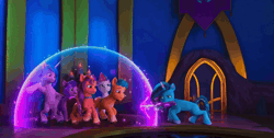 Size: 1920x968 | Tagged: safe, screencap, hitch trailblazer, izzy moonbow, misty brightdawn, pipp petals, sunny starscout, zipp storm, earth pony, pegasus, pony, unicorn, g5, missing the mark, my little pony: make your mark, my little pony: make your mark chapter 4, spoiler:g5, spoiler:my little pony: make your mark, spoiler:my little pony: make your mark chapter 4, spoiler:mymc04e07, animated, broken, bubble, falling, female, fire magic, freedom, gif, imprisoned, knocked out, magic, magic bubble, male, mane five, mane six (g5), mane stripe sunny, mare, popping, stallion, trapped, tree branch, yeet